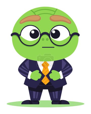 Alienígena verde en traje con gafas que se ven serias. Empresario extraterrestre profesional. Espacio de oficina e ilustración de vector de liderazgo.