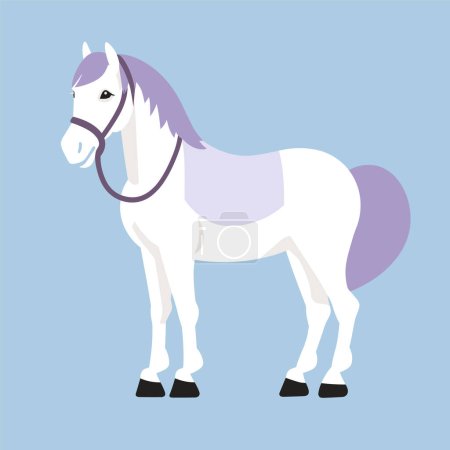 Photo for White horse with purple mane, simple cartoon style on blue background. Equestrian, kids illustration, farm animal vector illustration. - Royalty Free Image