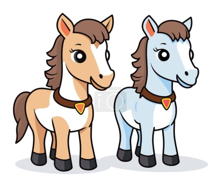 Photo for Two cartoon horses, one brown and one gray, standing happily with collars. Cute animal characters for childrens book vector illustration. - Royalty Free Image