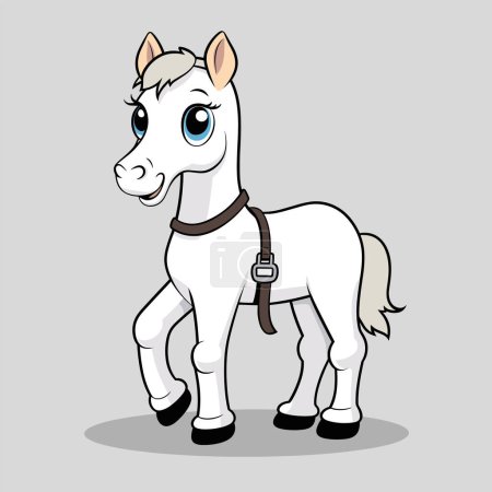 Photo for Cute cartoon horse standing with a happy expression. White horse with blue eyes and brown bridle. Friendly animal character for childrens book vector illustration. - Royalty Free Image