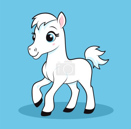 Photo for Cute cartoon baby horse, white pony with blue mane, standing on blue background. Child-friendly animal character design. Cartoon pony illustration for childrens book vector illustration. - Royalty Free Image