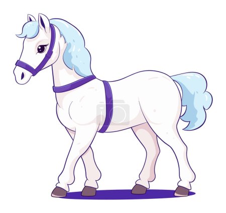 Photo for White cartoon horse with blue mane and purple halter standing. Cute stylized equine character for childrens book. Animal illustration for kids, horse graphic vector illustration. - Royalty Free Image
