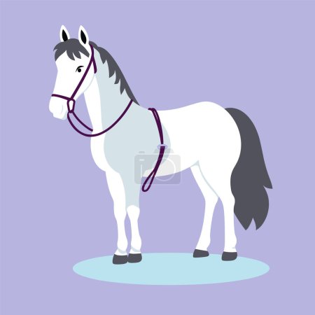 Téléchargez les photos : Cheval blanc sur fond violet avec licou. Illustration d'animaux domestiques. Thème équestre et illustration vectorielle d'élevage de chevaux. - en image libre de droit