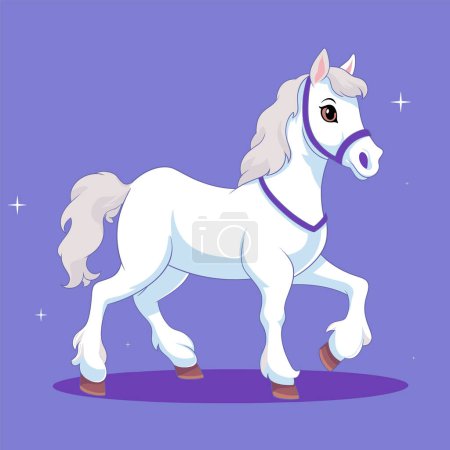 Photo for White majestic cartoon horse with purple harness on purple background. Magical stallion with shining mane and cute expression vector illustration - Royalty Free Image