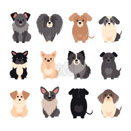 Illustration for The image displays a collection of various cute cartoon-style dogs sitting calmly, vector illustration. - Royalty Free Image