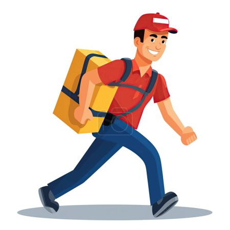 Illustration for A smiling delivery man is holding a large package with clouds in the background in the vector illustration. - Royalty Free Image