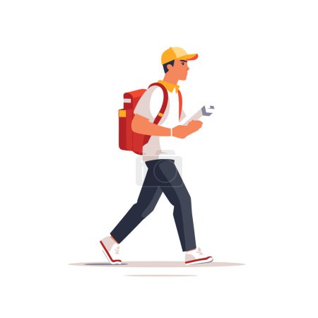 Illustration for A man in casual attire with a backpack is walking briskly while holding a ticket in this vector illustration. - Royalty Free Image