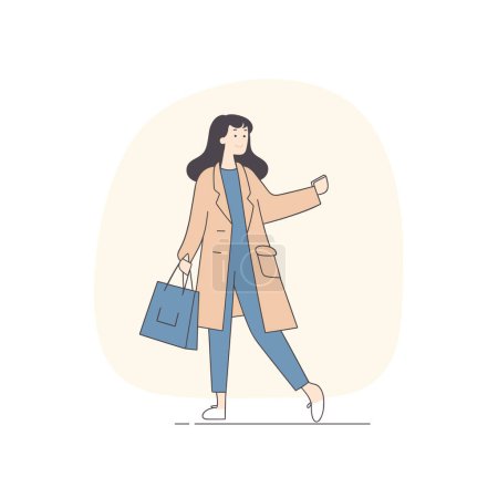 Téléchargez les illustrations : Une femme avec des sacs à provisions se promène avec bonheur dans une illustration vectorielle de style minimaliste. - en licence libre de droit