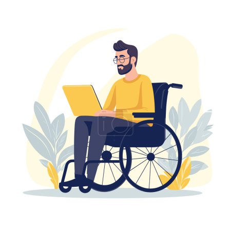 Illustration for A man in a wheelchair is working on a laptop in this vibrant vector illustration. - Royalty Free Image