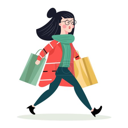 Illustration for A woman is briskly walking with shopping bags in a colorful vector illustration. - Royalty Free Image