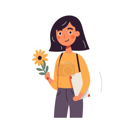 Illustration for A smiling girl with a notebook is holding a flower in this vector illustration. - Royalty Free Image