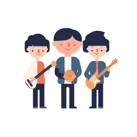 Téléchargez les illustrations : Trois membres du groupe de bande dessinée tiennent des instruments de musique dans cette illustration vectorielle. - en licence libre de droit