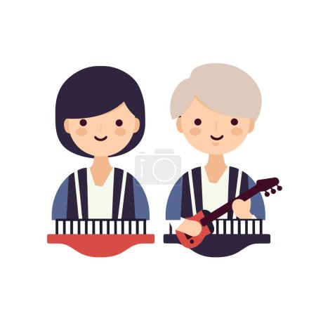 Téléchargez les illustrations : Deux personnages de bande dessinée joyeux jouent des instruments de musique dans une illustration vectorielle. - en licence libre de droit