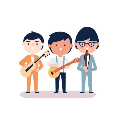 Téléchargez les illustrations : L'image montre trois personnages de bande dessinée formant un groupe avec une guitare et une flûte dans une illustration vectorielle. - en licence libre de droit