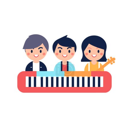 Téléchargez les illustrations : L'illustration vectorielle représente trois enfants de bande dessinée joyeux jouant ensemble du piano et de la guitare. - en licence libre de droit
