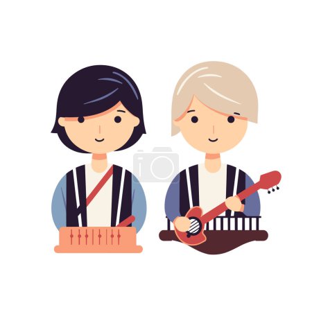 Illustration for A girl with a cake and a boy playing a ukulele in a vector illustration. - Royalty Free Image