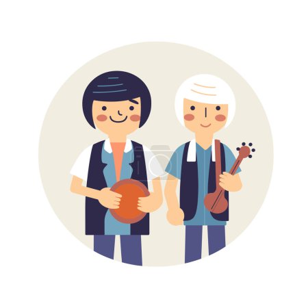 Téléchargez les illustrations : Deux enfants souriants tiennent des instruments de musique comme illustration vectorielle. - en licence libre de droit