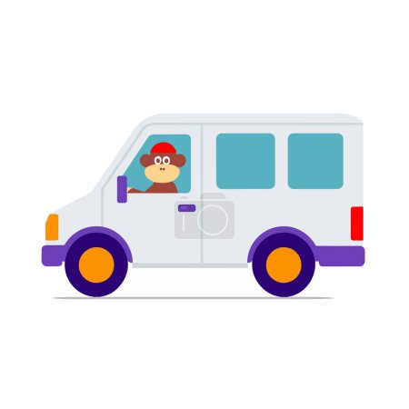 Illustration for A monkey is driving a white van in this colorful vector illustration. - Royalty Free Image
