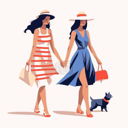 Illustration for Two stylish women in summer dresses and hats walking with a small dog. Friends enjoy a leisurely stroll with a pet. Trendy fashion, friendship, and pets vector illustration - Royalty Free Image