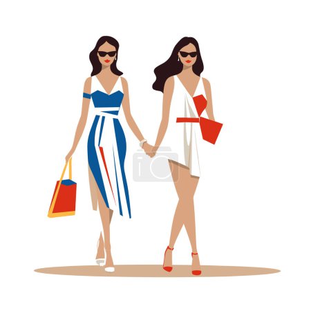 Illustration for Two stylish women holding hands, walking, fashion dresses, sunglasses, shopping bags. Modern female friends, fashionistas, summer styles, leisure. Vector illustration. - Royalty Free Image