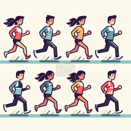 Illustration for Men and women cartoon characters running, fitness exercise. Jogging people in casual sportswear. Outdoor workout, active lifestyle concept vector illustration. - Royalty Free Image