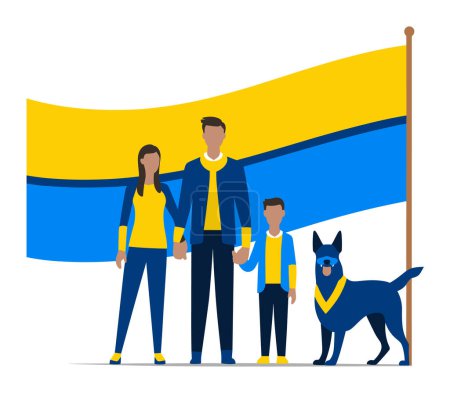 Photo for Family in blue and yellow clothing with dog standing before large flag. Patriotic family portrait with pet, unity and national pride concept vector illustration. - Royalty Free Image