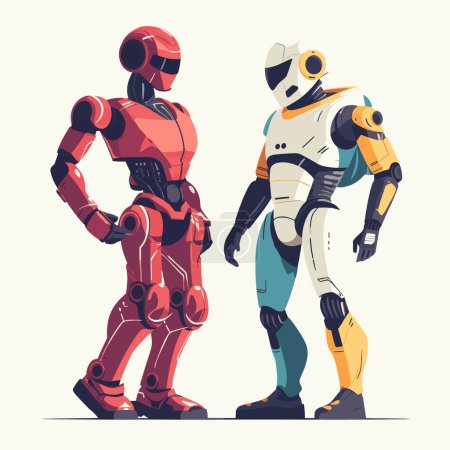 Illustration for Two futuristic robots in red and yellow colors standing face to face. Modern androids interacting with each other vector illustration. - Royalty Free Image