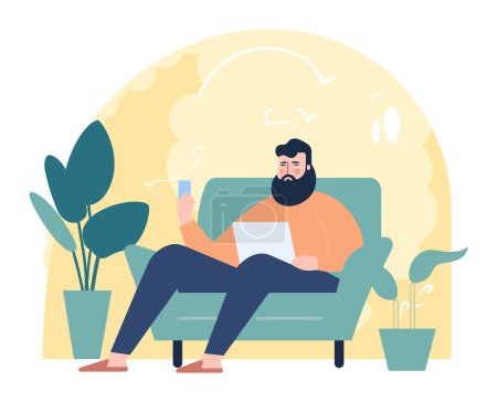 Téléchargez les photos : Homme barbu assis sur un canapé avec ordinateur portable, relaxant à la maison, cadre intérieur décontracté. Bureau à domicile confortable et illustration vectorielle freelance. - en image libre de droit
