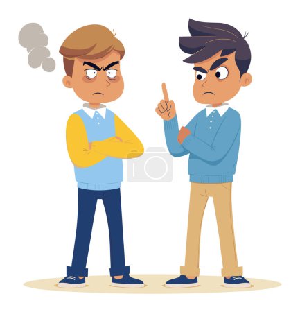 Two cartoon men arguing, one pointing finger, both showing anger and frustration. Disagreement and conflict resolution concept. Vector illustration