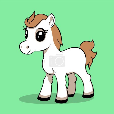 Photo for Cute baby horse cartoon on green background. Adorable pony smiling with big eyes. Playful foal, farm animals for kids vector illustration. - Royalty Free Image