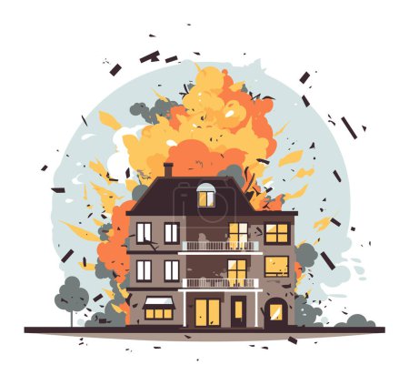 Explosive house fire flames debris. Emergency situation, residential building fire explosive burst. Disaster accident concept vector illustration
