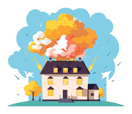 Großes Haus in Flammen, dicke Rauchschwaden, stürmischer Regen. Notfallsituation zerstörerischer Brand Wohnhaus Vektor Illustration
