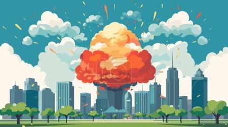 Explosion city park, huge colorful cloud over buildings, clear day. Cataclysm concept, city emergency, urban disaster vector illustration
