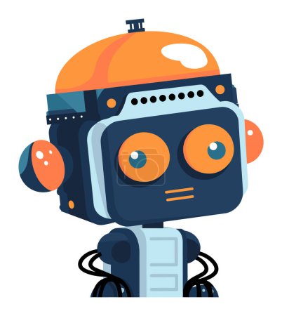 Cute orange blue robot large eyes. Friendly cartoon android character big head vector illustration