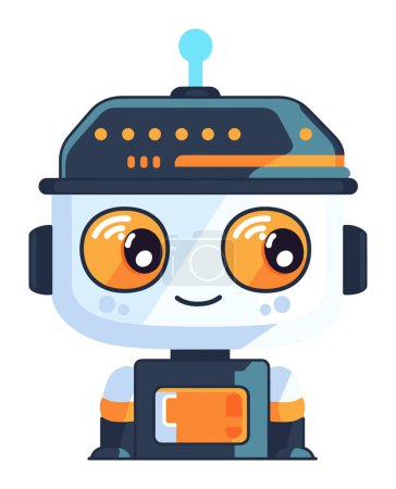 Cute cartoon robot large eyes cheerful smile. Modern friendly robot character, technology theme vector illustration