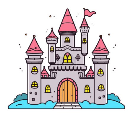 Colorful fairytale castle pink turrets white background. Fantasy kingdom architecture childrens tales vector illustration