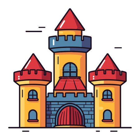 Colorful cartoon castle red blue rooftops. Fairytale medieval stronghold towers. Fantasy kingdom architecture, vector illustration