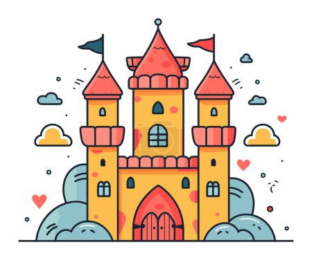 Colorful cartoon castle red roofs sunny day. Fairytale castle flags vector illustration