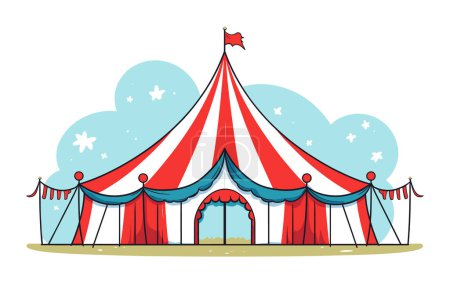 Tente de cirque rayée blanche rouge haut drapeau garniture bleue. Carnaval festif chapiteau contre ciel bleu. Illustration vectorielle de thème de parc d'attractions divertissement