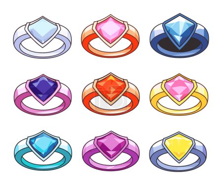 Ilustración de Colección nueve anillos de piedras preciosas de colores, varios colores, joyas en forma de escudo de dibujos animados. Diferentes bandas de anillos, ilustración de vector de moda de compromiso de lujo de diamantes - Imagen libre de derechos