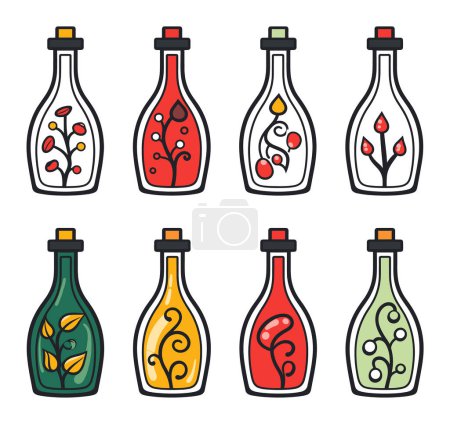 Set eight colorful potion bottles various ingredients magic liquids. Assorted magical essences concept. Alchemy apothecary elixirs vector illustration