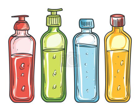 Colorful handdrawn bottles shampoo, gel, liquid soap. Cosmetics, hygiene products, transparent containers colorful liquids vector illustration