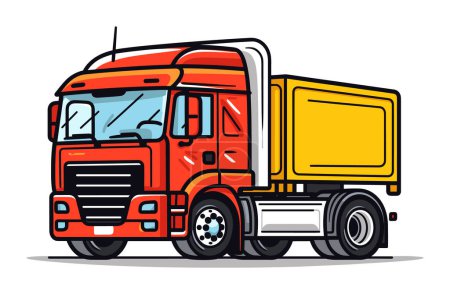Red semi truck yellow cargo container white background. Modern heavy vehicle freight transport. Logistics transportation vector illustration