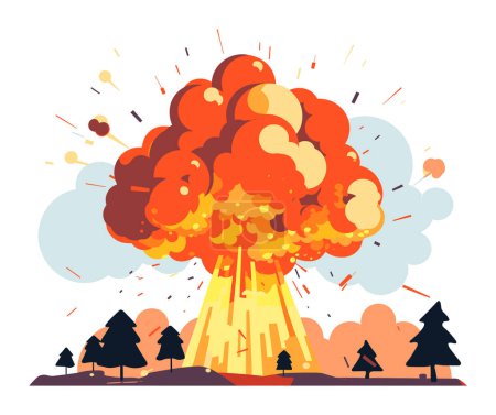 Giant explosion mushroom cloud forest. Catastrophic event, nature vs manmade disaster. Apocalyptic scenario, fiery blast vector illustration