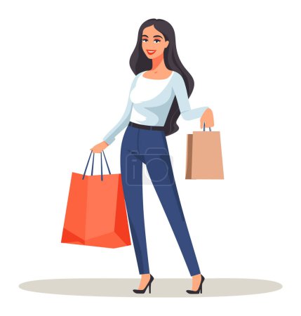 Junge erwachsene Frau mit Einkaufstaschen lächelnd. Modische Shopper genießen die Einzelhandelstherapie. Einzelhandel Einkaufsbummel Mode Konzept Vektor Illustration