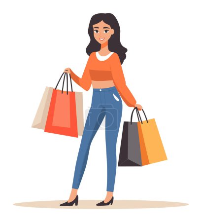 Happy young woman shopping multiple bags, smiling female shopper casual clothes, fashion retail vector illustration. Consumerism, fashionista purchases, shopping spree vector illustration