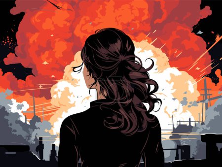 Back view woman looking dramatic explosion industrial area. Hair silhouette against fiery orange red clouds, disaster scene vector illustration