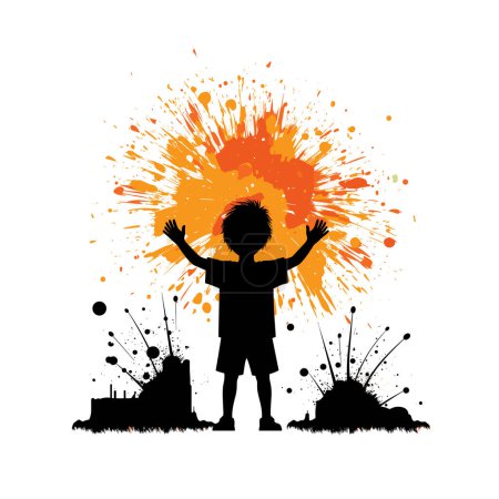 Child silhouetted arms raised against splash paint. Silhouette joyful kid vibrant background. Playful child, creativity fun concept vector illustration