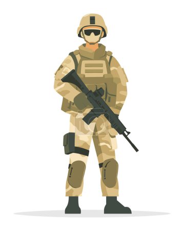 Soldat Camouflage steht selbstbewusst mit Gewehr. Modernes militärisches Personal Kampfausrüstung, einsatzbereite Haltung. Vektorgrafik der Sicherheitskräfte