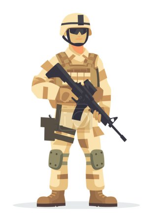 Illustration for Soldier desert camouflage uniform standing rifle. Military person protective gear weapon vector illustration - Royalty Free Image